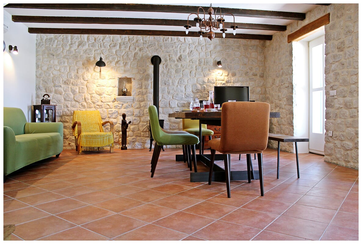 Stone living and dining area